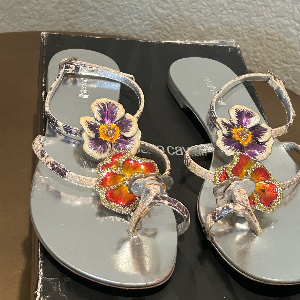 Rare Vintage Roberto Cavalli Flat T-Strap in Pansy - Picture 7 of 12